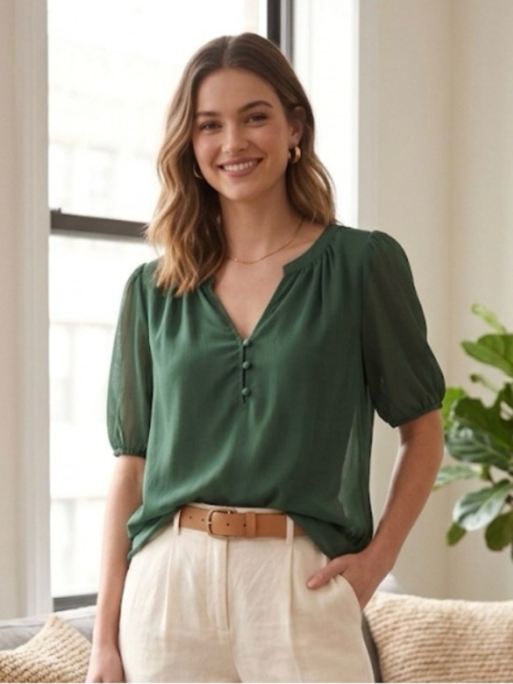 LOFT Green Short-Sleeve V-Neckline  Blouse - Sz medium - NWT
